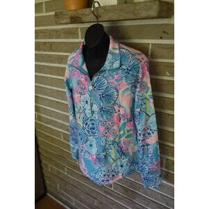 LILLY PULITZER LUXLETIC UPF 50+ skipper Pullover XS floral pink blue coral shell